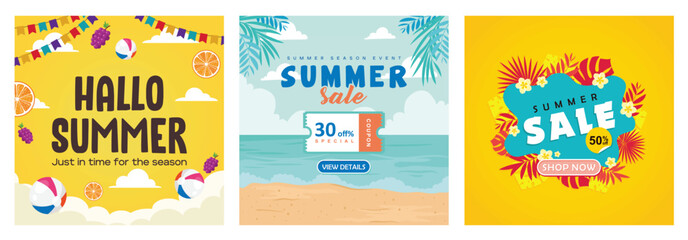 Fototapeta premium Summer elements with white clouds. Summer shopping coupons. Summer concept.