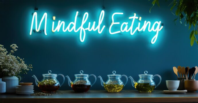 Neon sign mindful eating soft periwinkle muted gold floating caf casting reflections glass tea pots filled herbal blends