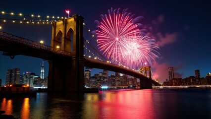U.S. Independence Day, Night scene of July 4th fireworks over Brooklyn Bridge reflections on river bright lights