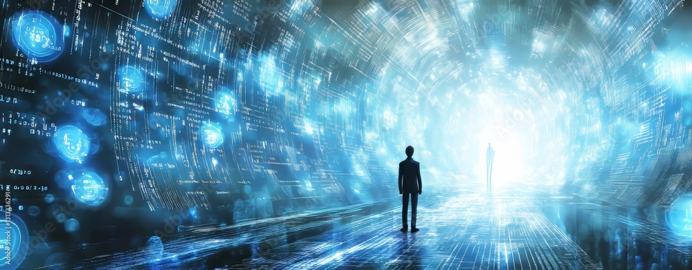 Poster outline of a person within a high-tech digital data passage