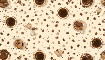 Obraz premium Coffee Cups and Beans Pattern, Cute Illustration, Cafe Background, Beverage Art Decor