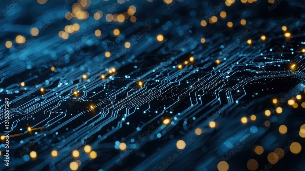 Poster abstract blue circuit board with glowing yellow lights and patterns