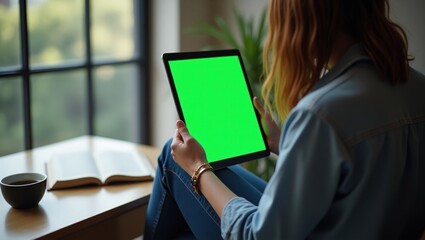 A person wearing a casual outfit sitting near a large window, holding a tablet with a bright green screen. The scene has soft natural lighting, with a cup of coffee and an open book on the table besid
