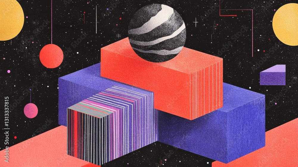 Aufkleber abstract pixelated spacescape with geometric shapes retro design and dark sky cosmic background uniq
