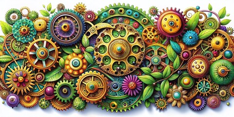 Panoramic Steampunk Gear Botanical Doodle Art Print