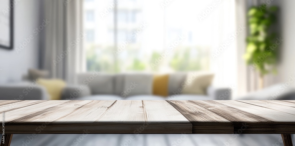 Poster an empty wooden table in front of a blurred modern living room with soft lighting, offering space fo