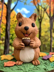 Cute Squirrel Holding Acorn Ornament in Autumn Forest Scene