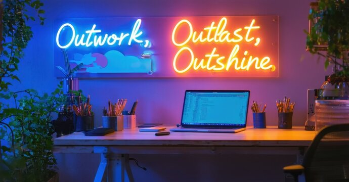 Neon sign outwork outlast outshine bright indigo warm peach mounted inside workspace softly glowing laptop filled desks