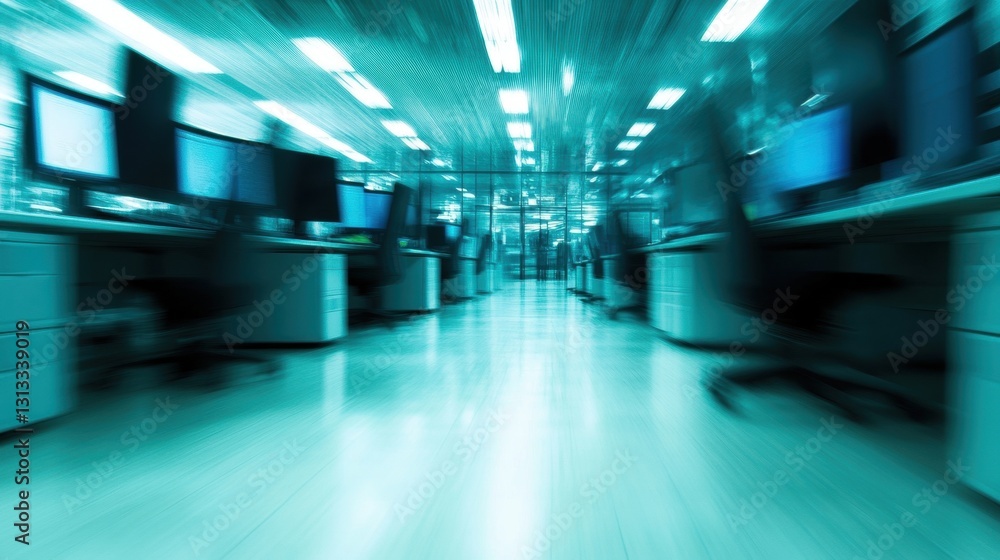 Poster rows of empty workstations with glowing monitors create a quiet atmosphere in a modern office during