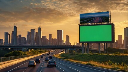 Obraz premium A highway with fast-moving traffic and a massive roadside billboard displaying a bright green screen. The road stretches into the distance with city skyscrapers visible on the horizon. The scene is ca