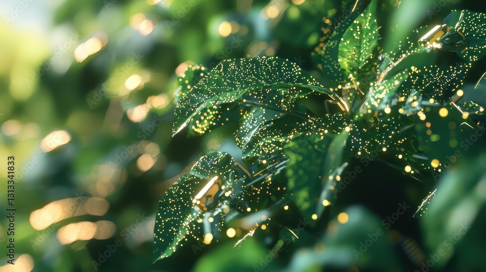 Poster close-up view of sparkling green leaves with soft focus background