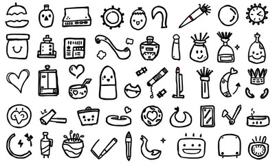 Doodles of various cute and whimsical objects, including bottles, tools, and hearts, create playful and artistic vibe. These charming illustrations evoke creativity and joy