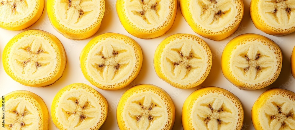 Poster an image with complete depth of field showing a banana slice in mid-air, isolated on white