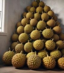 Large durians piled high in a corner of a room, durian, fruit