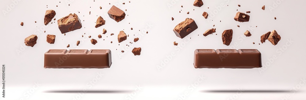Poster a beloved dessert item with a broken chocolate bar levitating in front of a blank background
