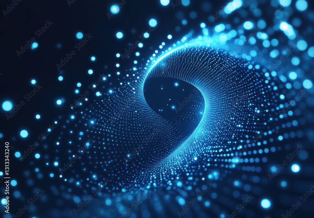 Poster blue digital abstract background with flowing particles in a curved pattern highlighting technology 