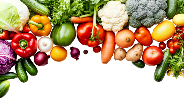 An image of various vegetables and fruits with space for text on a transparent background