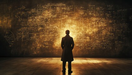 A man stands before a cosmic blackboard filled with complex mathematical equations and space formulas representing science astrophysics and universe exploration