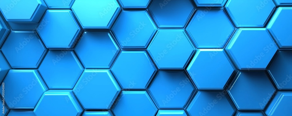 Poster a close-up view of a blue hexagonal pattern, showcasing a modern, geometric design often used in tec