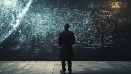 A man stands before a cosmic blackboard filled with complex mathematical equations and space formulas representing science astrophysics and universe exploration