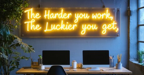 Neon sign harder you work luckier get cyber yellow deep indigo floating stylish co working space softly reflecting off digital workstations