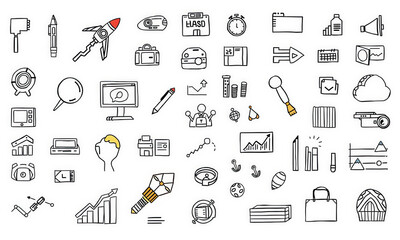 Doodles of various icons representing technology, communication, and creativity, including rockets, graphs, and office supplies, evoke sense of innovation and fun