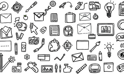 Doodles of various office and business icons, including envelopes, charts, light bulbs, and tools, create playful and creative atmosphere for design projects