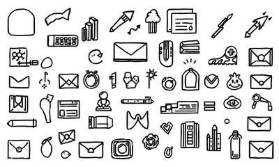 Doodles of various office and school supplies, including pens, envelopes, books, and calculators, create playful and creative atmosphere. Perfect for design projects