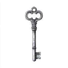 An intricate black and white illustration of a vintage door key. This medieval, ornate forged object is rendered in a retro style