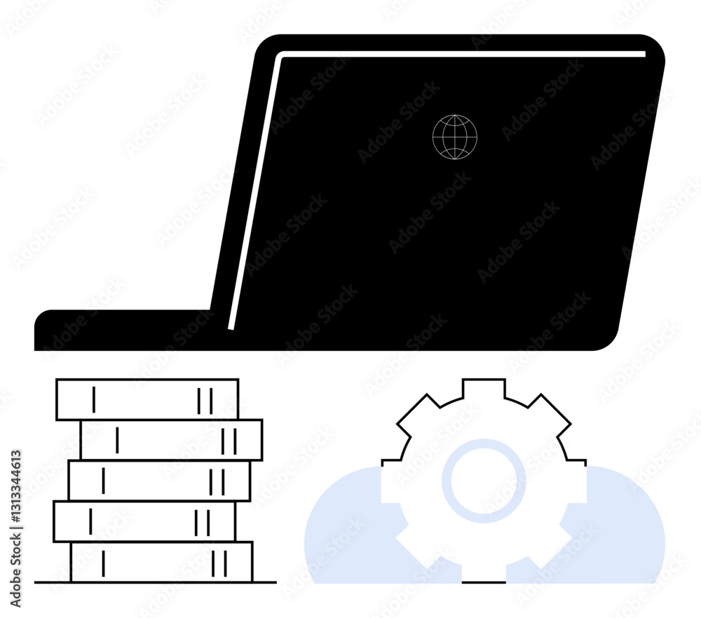 Poster open laptop with globe icon, stacked databases, and gear inside a cloud. ideal for tech workflows, c