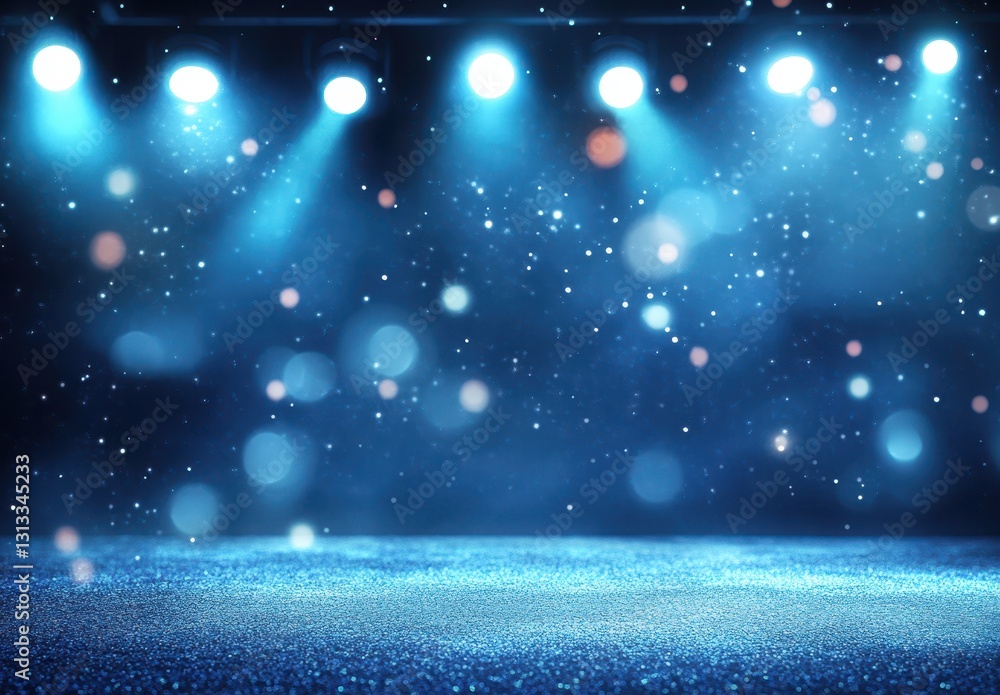 Poster blue soft focus background with bright light beams and glitter effect for stage or event design or b