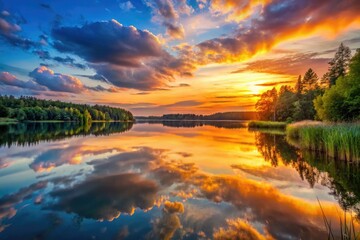 Obraz premium Moscow's Bottomless Lake glows at sunset; Serebryany Bor's golden hour captures its magic.