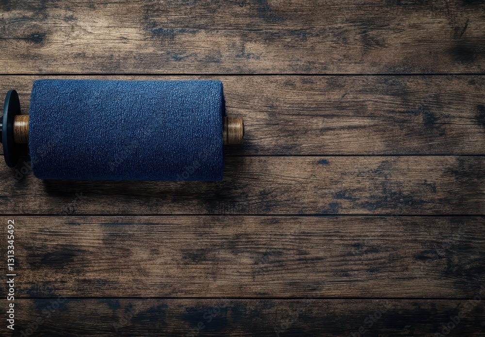 Poster blue textile roll on a rustic wooden surface, showcasing rich texture and color in a serene and mini