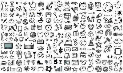 Doodles and sketches of various objects, symbols, and icons, including clocks, musical instruments, and everyday items, create playful and creative atmosphere