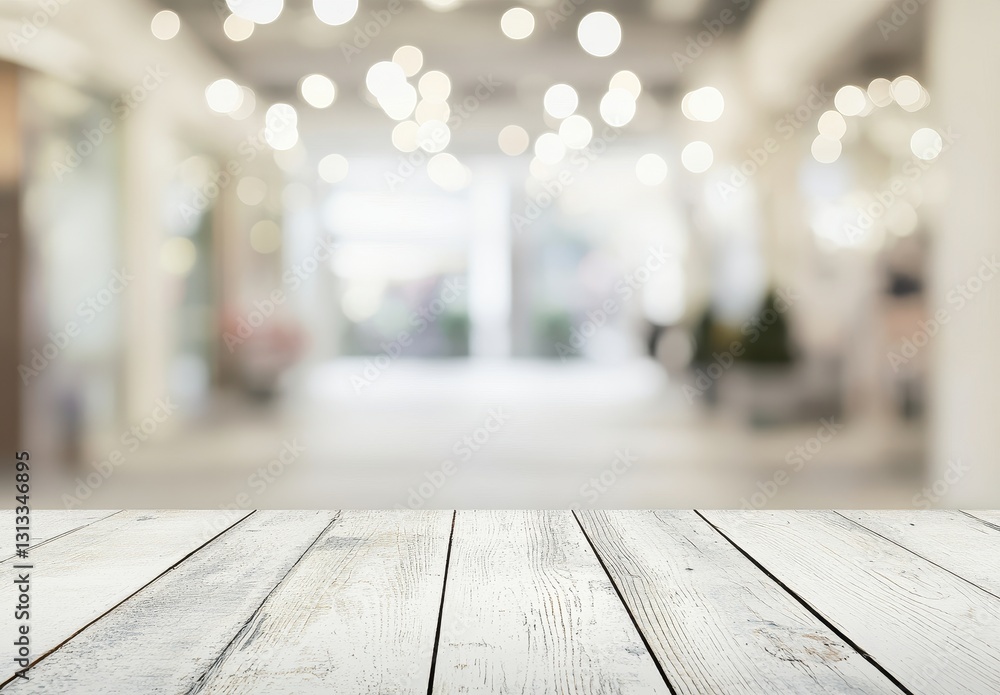 Poster blurred background with bokeh lights and white wooden table surface for product display in modern in