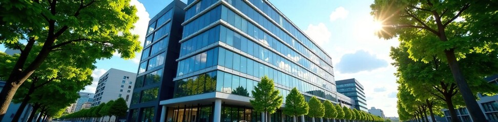 Sleek glass & steel office building, lush green trees lining street , reflection, steel