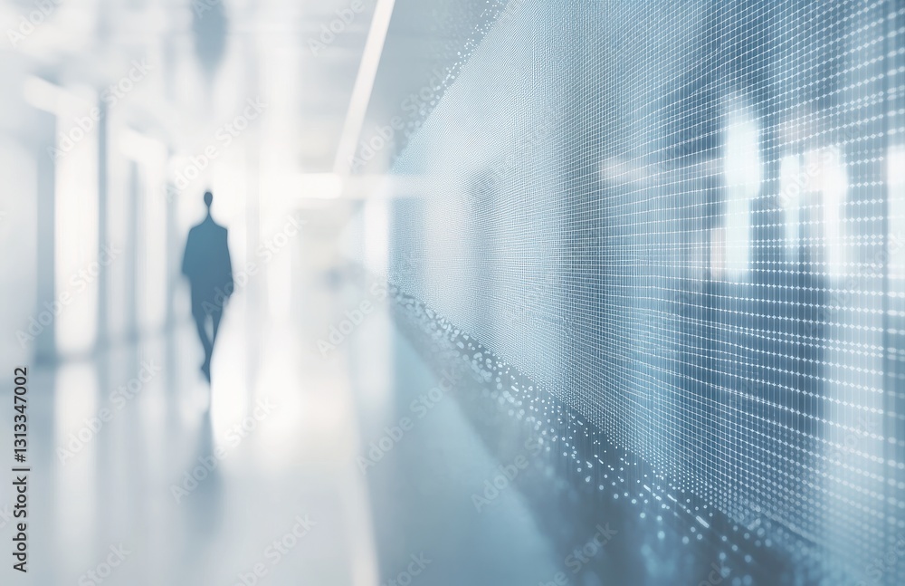 Poster blurred figure walking in modern corridor with digital wall and ambient light creating futuristic at