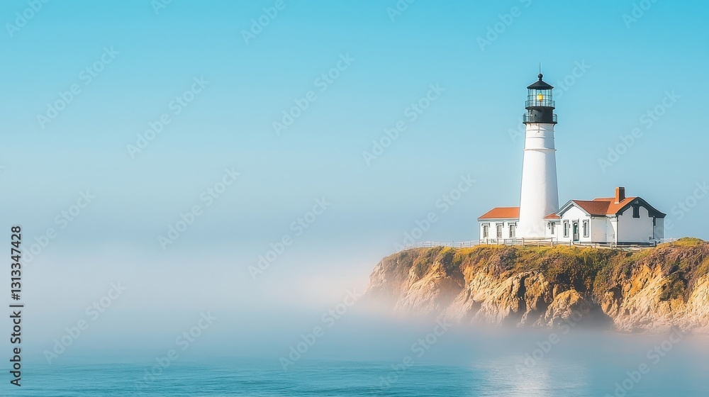 Poster lighthouse on coastal cliff with fog and calm ocean in background