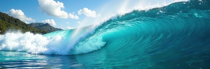 Obraz premium Crystal clear wave crest collapsing, underwater view, vibrant, light, ocean