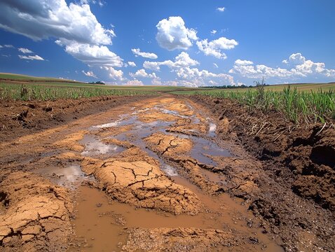 Wind and water erosion of agricultural soil, showing large patches of exposed dirt and the struggle of crops in degraded land