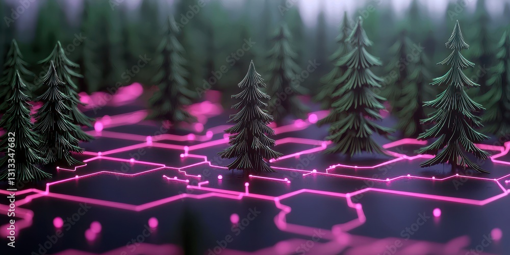 Aufkleber a digital landscape featuring stylized trees and glowing pink geometric patterns on a dark surface, 