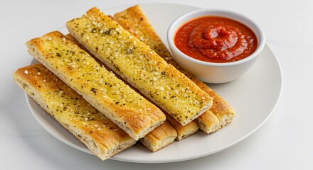 Golden garlic breadsticks beautifully baked with vibrant marinara sauce. AI Generated