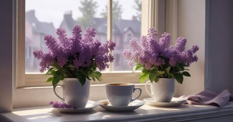 Lilac bouquet on a windowsill with a steaming cup of coffee beside it, bathed in natural light , home, morning, sunlight