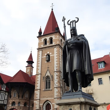 Vlad the Impaler statue next to Monastery Church in Sighisoara town in Romania