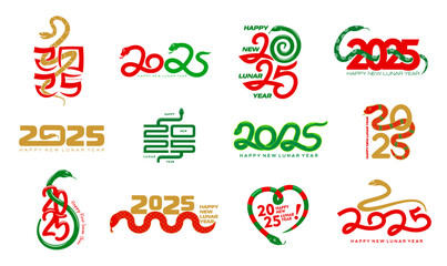 2025 Chinese lunar new year snakes festive set with reptiles animal holiday symbols and numerals with traditional red, gold and green colors to celebrate the year of the snake with serpent motifs