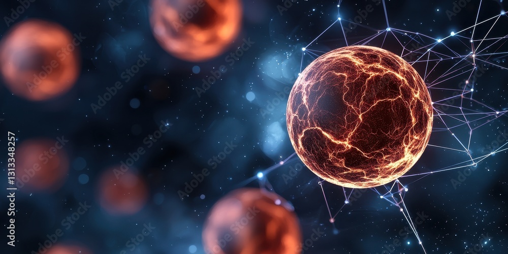 Poster A vibrant visualization of cells in space, showcasing intricate details and connections, emphasizing the complexity of biological structures.