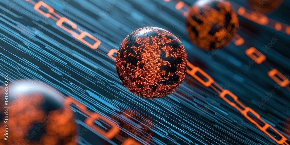 Poster abstract representation of spheres on a digital surface, showcasing vibrant colors and a futuristic 