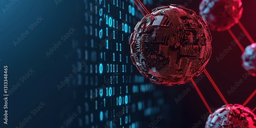 Aufkleber A futuristic digital depiction featuring binary code, interconnected spheres, and vibrant colors representing technology and data networks.