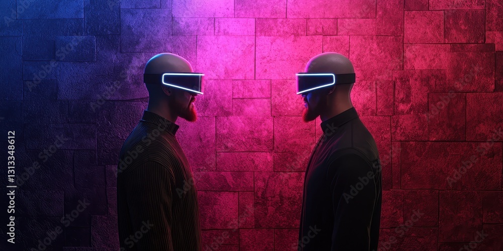 Aufkleber Two figures with futuristic visors stand facing each other against a colorful, illuminated wall, creating a striking contrast between light and shadow.