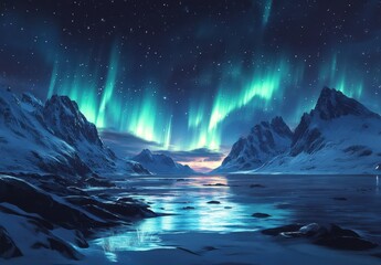 Naklejka premium Breathtaking Arctic Landscape Featuring Spectacular Northern Lights Illuminating Snowy Mountains and Calm Reflections on the Water at Dusk